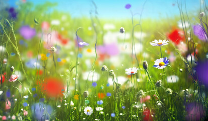 Fresh blooming spring colorful flowers background in a sunny day in the field. A macro spring concept.. Generative AI	
