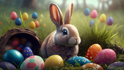 easter bunny with easter eggs in the grass for a holiday in the spring. Generative AI