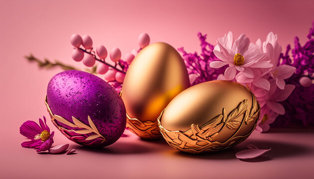 easter eggs golden on magenta color background .Spring festival with flowers .Generative AI