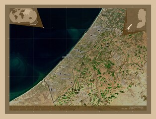 Gaza Strip, Palestine. Low-res satellite. Labelled points of cities