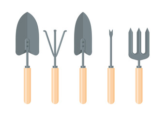 A set of hand garden tools. Weeder, rake, spades and fork isolated on a white background. Vector illustration in flat style