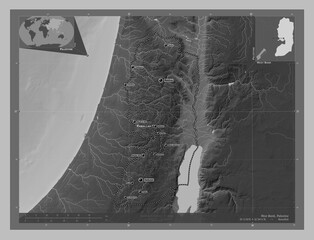 West Bank, Palestine. Grayscale. Labelled points of cities