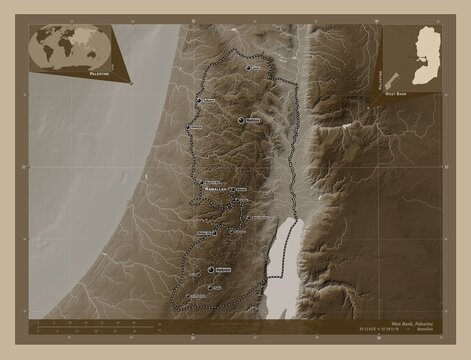 West Bank, Palestine. Sepia. Labelled points of cities