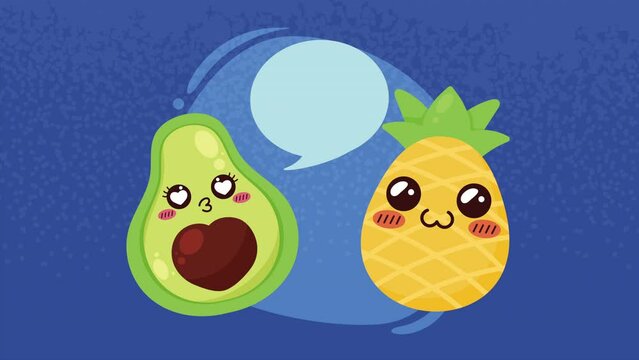 avocado and pineapple kawaii characters animation