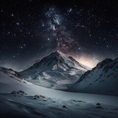 Fictional representations of snowy mountains in starry night, photography style, generative AI