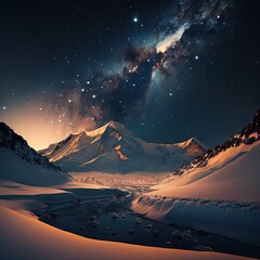 Fototapeta na wymiar Fictional representations of snowy mountains in starry night, photography style, generative AI