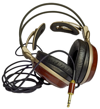 and headphones with wooden earphones