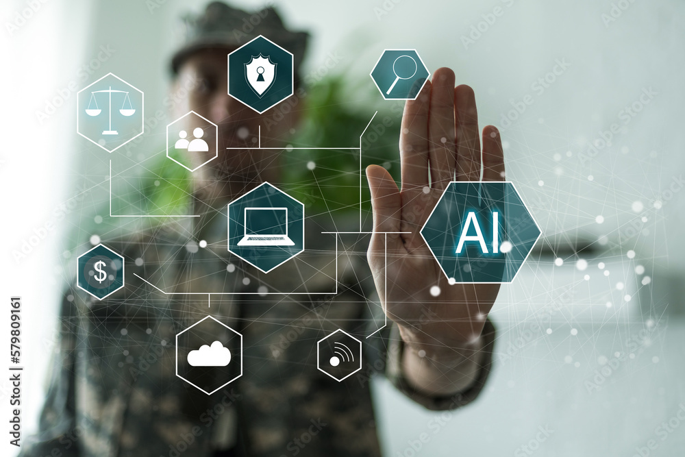 Poster artificial intelligence industry. integration computing concept. man presses brain ai gears button o