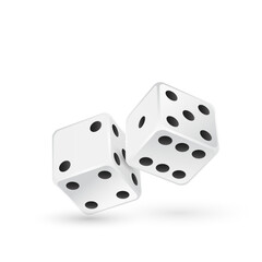 Casino realistic dice isolated 3d  vector illustration for gambling games design, craps and poker, tabletop or board games. White cubes with random numbers of black dots or pips and rounded edges