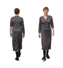 back and front of  same woman walking on white background