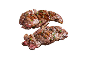 Grilled Lamb chop leg steaks, mutton meat with herbs.  Isolated, transparent background
