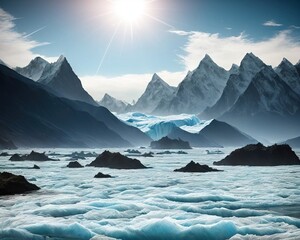 Melting glaciers rising ocean levels ecological disaster. Ai generated, day time, clear sky, mountain