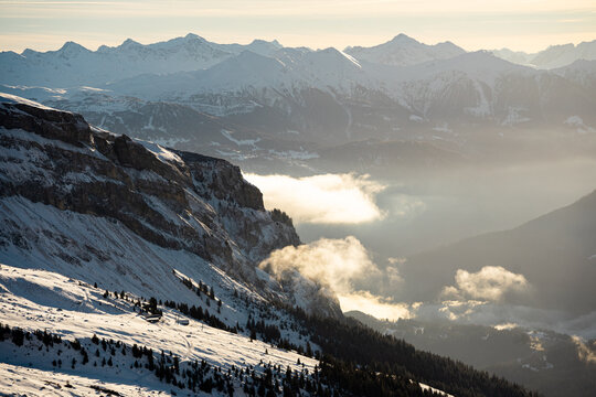 Winter in on the Flimserstein in Flims with snow covered mountains in the region of  Flims, Graub&uuml;nden, Switzerland