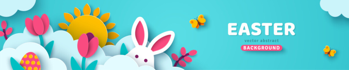 Fototapeta Happy Easter card, bunny rabbit, sun, eggs flowers and butterfly in white clouds, spring border frame. Modern concept background. Vector illustration. Place for text. Hare head, paper cut header. obraz