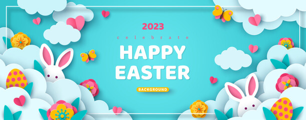 Horizontal banner with paper cut clouds, rabbit, eggs and hearts, blue sky background, papercut craft art. Place for text. Happy Easter day sale concept, voucher template with square frame. - obrazy, fototapety, plakaty