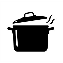 Cooking pan icon. Deep pot with boiling soup. Black silhouette of a saucepan. Vector illustration isolated on white background.