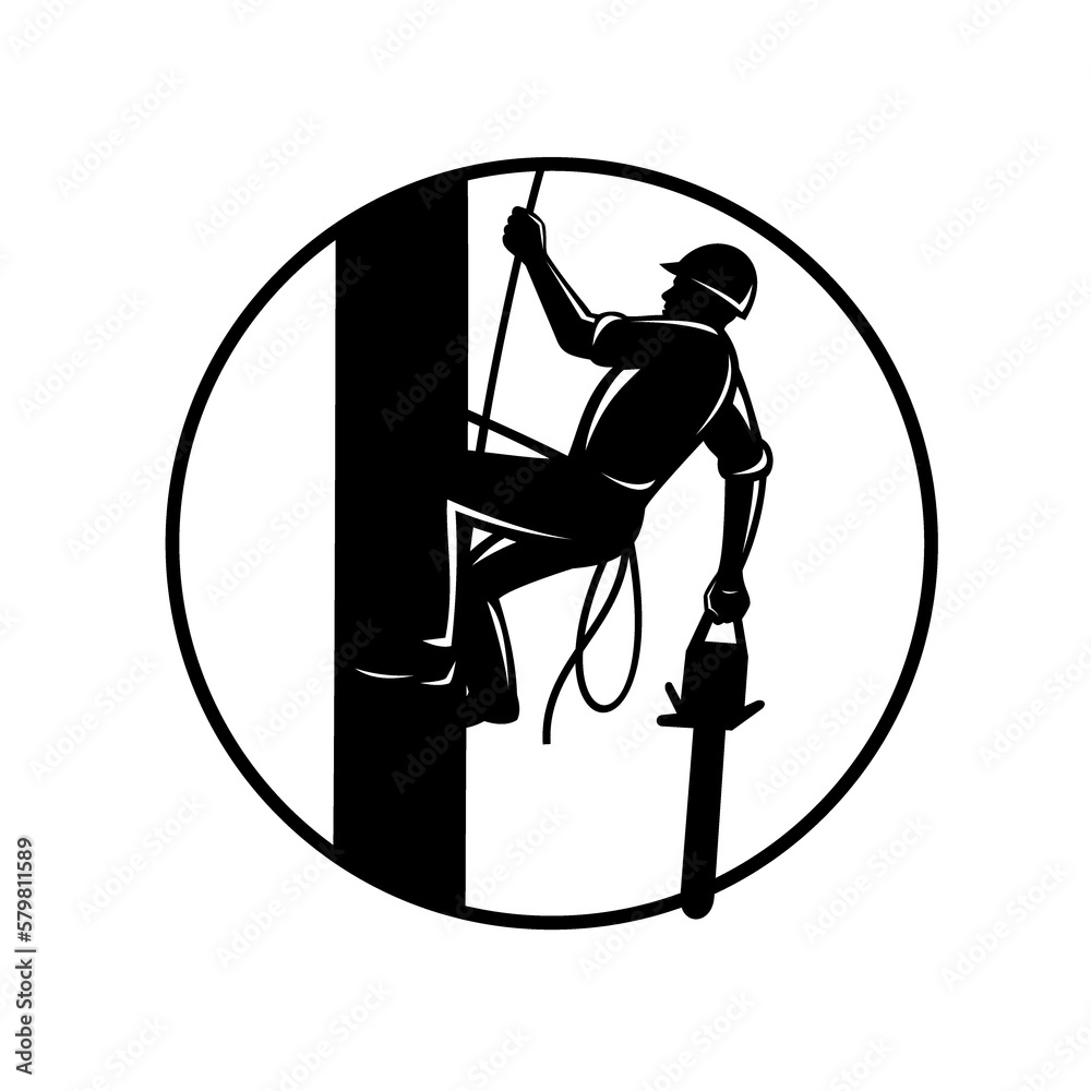 Wall mural Arborist With Chainsaw Climbing Tree Circle Retro Woodcut Black and White