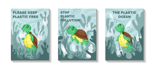 Sea turtle print, animal in trash. Stop water pollution posters. Ocean eco mascot, rubbish plastic garbage, environment, aqua and marine protection. Vector tidy creative ecology banners set