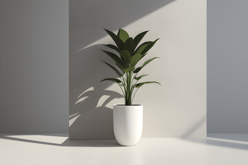 Blank wood podium product display on concrete wall with plants, leaves with beautiful sun light and shadow. 3D render for nature, organic, spa, aroma, health, care, cosmetic, beauty background.