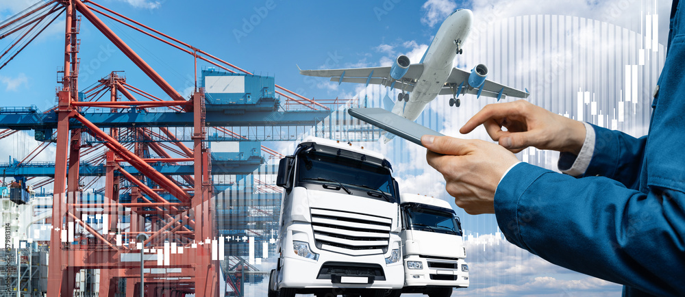 Poster Hands with a digital tablet on a background of a ship loaded with containers in the seaport, airplane and trucks. International trade and logistics concept	