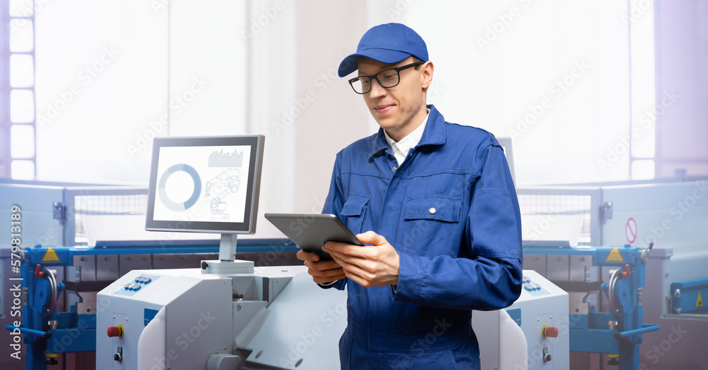 Poster Engineer with digital tablet on a background of modern smart factory. Digital transformation and industry 4.0	
