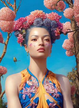 portrait of a woman in the garden, woman with flowers, tree, spring flowers, woman with flower crown, lively nature