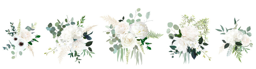 Classic white peony, hydrangea, anemone and rose flowers, eucalyptus, fern