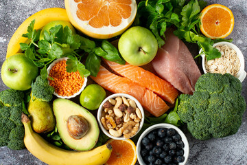 Healthy food clean eating selection: fruit, vegetable, seeds, superfood, cereal, leaf vegetable