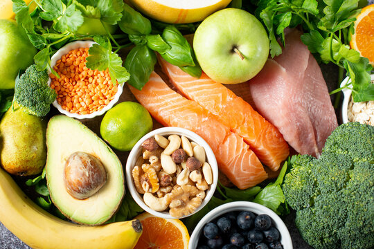 Healthy food clean eating selection: fruit, vegetable, seeds, superfood, cereal, leaf vegetable