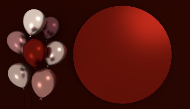 Birthday dark red background with balloons and a circle for text. 