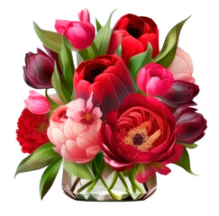 Fototapeta premium Red and pink flowers isolated on a transparent background. Floral arrangement, bouquet of roses and tulips. used for invitations, greeting, wedding card