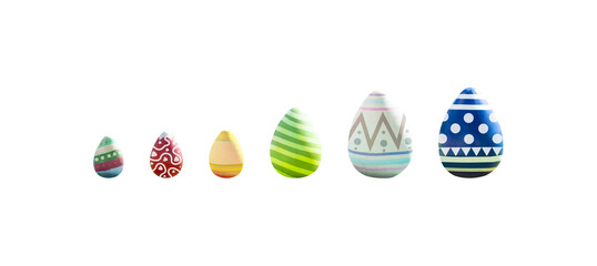 Easter eggs isolated is painted in different patterns on transparent background, happy easter celebration concept, png file
