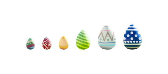 Easter eggs isolated is painted in different patterns on transparent background, happy easter celebration concept, png file