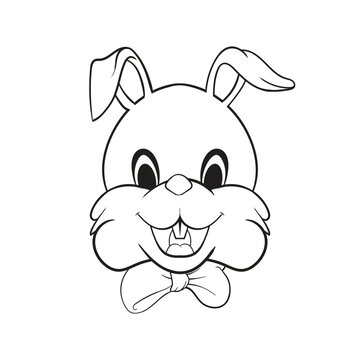 Bunny Rabbit Head Cute Smile With Ribbon Line Drawing Vector Illustration Isolated Black And White Image
