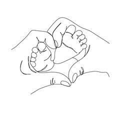 Line sketch of children's legs in hands. Happy family parenting concept.