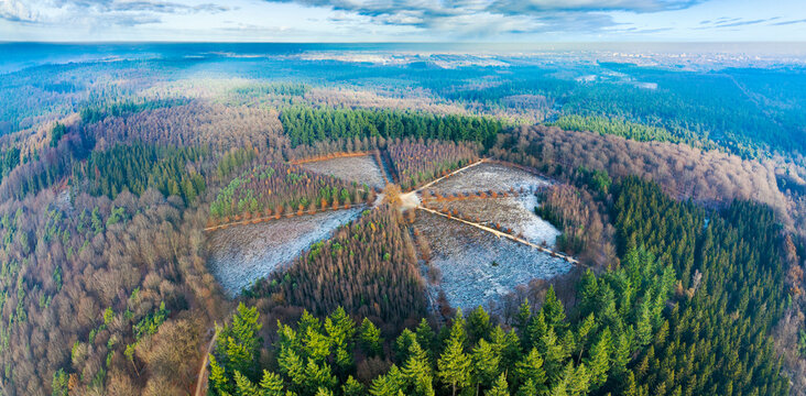 Aerial panorama of circle park with 8 walking paths in a forest during frost in autumn, Sterrenbos, Amerongse Berg, Utrechtse Heuvelrug, Utrecht, Netherlands.