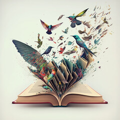 words like birds coming out of a book, vibrant colors, hummingbird, generative AI