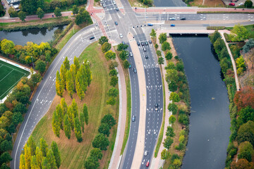 Aerial view of roads and canal, Amersfoort, province of Utrecht, The Netherlands.