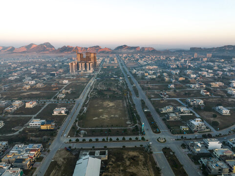 Aerial view of B17 residential district at sunset, Islamabad, Pakistan.