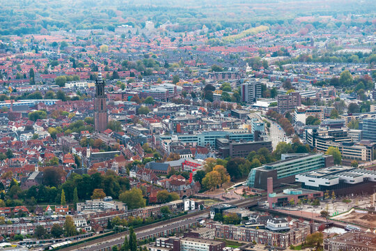 Aerial view of city center of Amersfoort, province of Utrecht, The Netherlands.