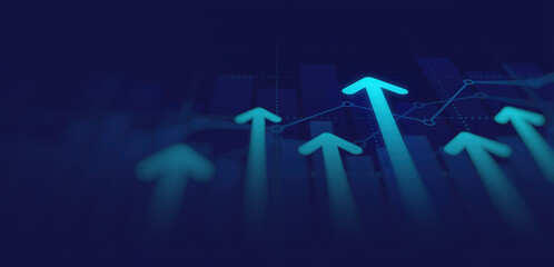 Abstract financial graph with uptrend line and arrows in stock market on blue color background
