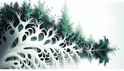 Abstract fractal foliage background in green and white. AI generated.