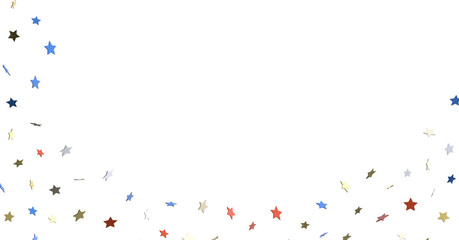 A blue glitter confetti border with red and blue stars on white