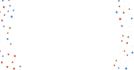 Red white blue shiny confetti stars on white background, isolate, tricolor concept,