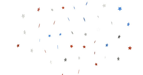 Red white blue shiny confetti stars on white background, isolate, tricolor concept,