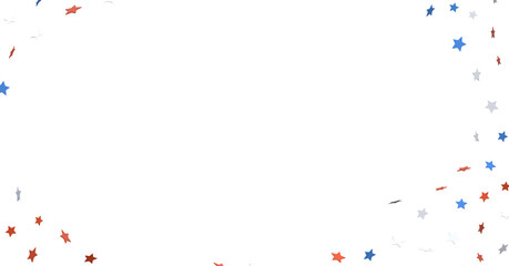 Red white blue shiny confetti stars on white background, isolate, tricolor concept,