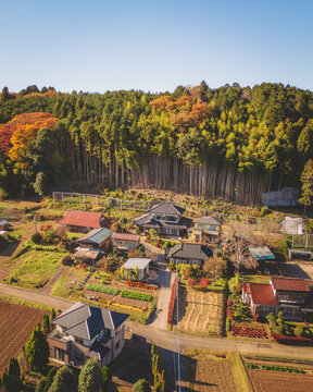 Aerial view of the japanese village Aida, Motegi, Tochigi Japan.
