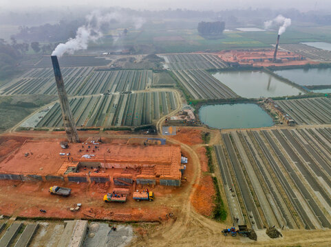 Aerial view of a brick factory from above near Keraniganj township, Dhaka province, Bangladesh.