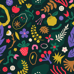 Botanical seamless pattern. Floral design for textile or wallpaper. Flat vector illustration with flowers, leaves, wild berries, twigs, fruits, foliage and natural elements. Bucolic background.