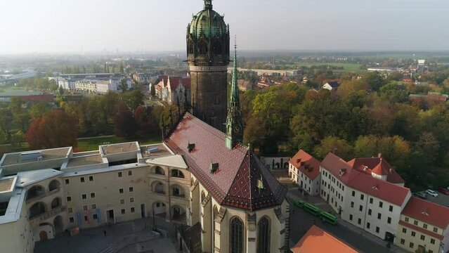 approach in the direction of the castle church of wittenberg. Rear of the Castle Church. Courtyard of Luther town Wittenberg Castle